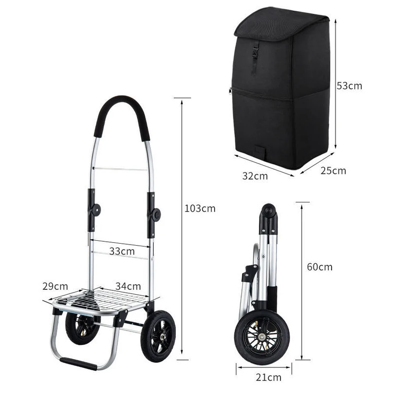 Folding Shopping Cart Grocery Trolley with Storage Waterproof Insulated Bag Inflatable Big Rubber Wheel with Aluminum Alloy Pole