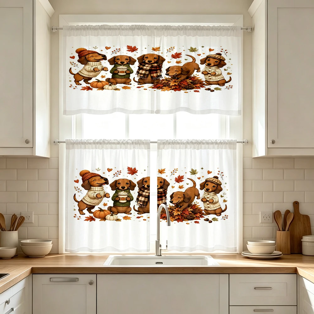 Cartoon Kitchen Curtains, Dachshund Dog Autumn Leaf, Digital Print, Kitchen Dining Room, Rod Pocket Polyester, Home Decor