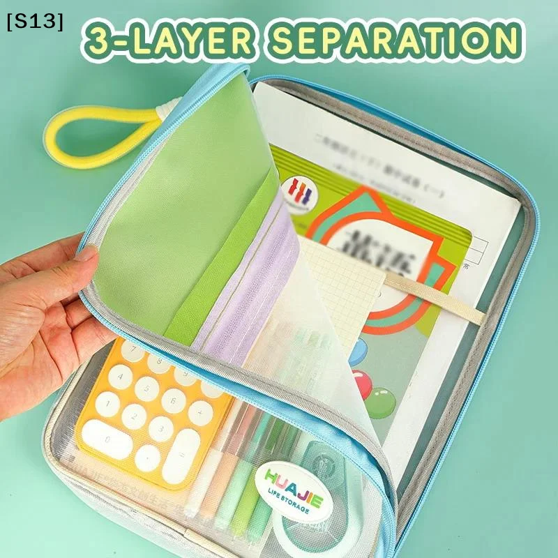 Student Handheld File Bag, Dopamine Color Tote, L-Shaped Zipper Mesh Folder, Exam Paper Storage And Subject Organizer[Q]Q@