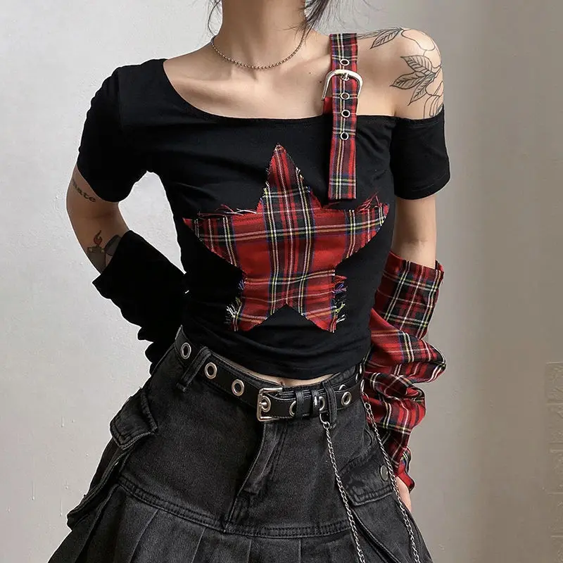 

Sweet and Spicy Girl Retro Style Splicing Pentagram Off Shoulder T-shirt for Women with Sleeves, Unique Top