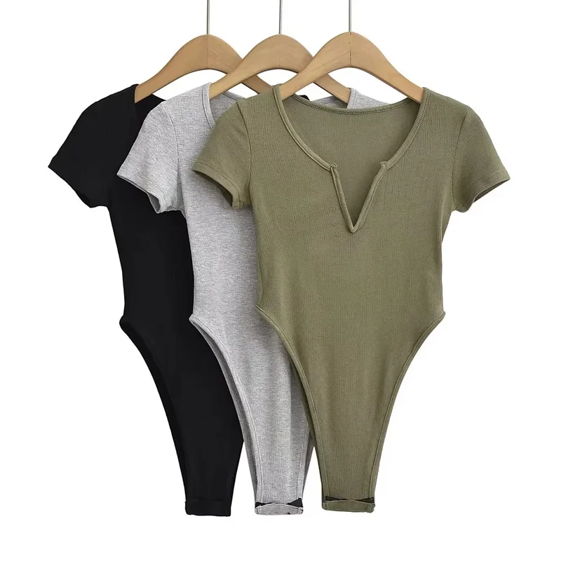 Women Skinny Fit T-shirt Bodysuit With Plunge Notch Neck In Rib