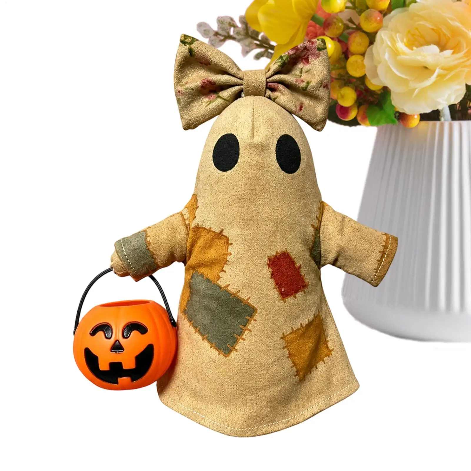Retro patchwork ghost Halloween decorative light, LED ghost desktop ornament, rustic farmhouse style Halloween decoration