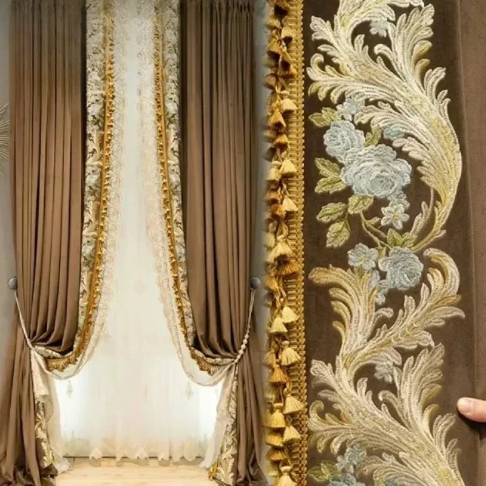 

Американские ретро кофейные бархатные тканевые шторы с вышивкой для гостиной, спальни, французского окна, виллы по индивидуальному заказу