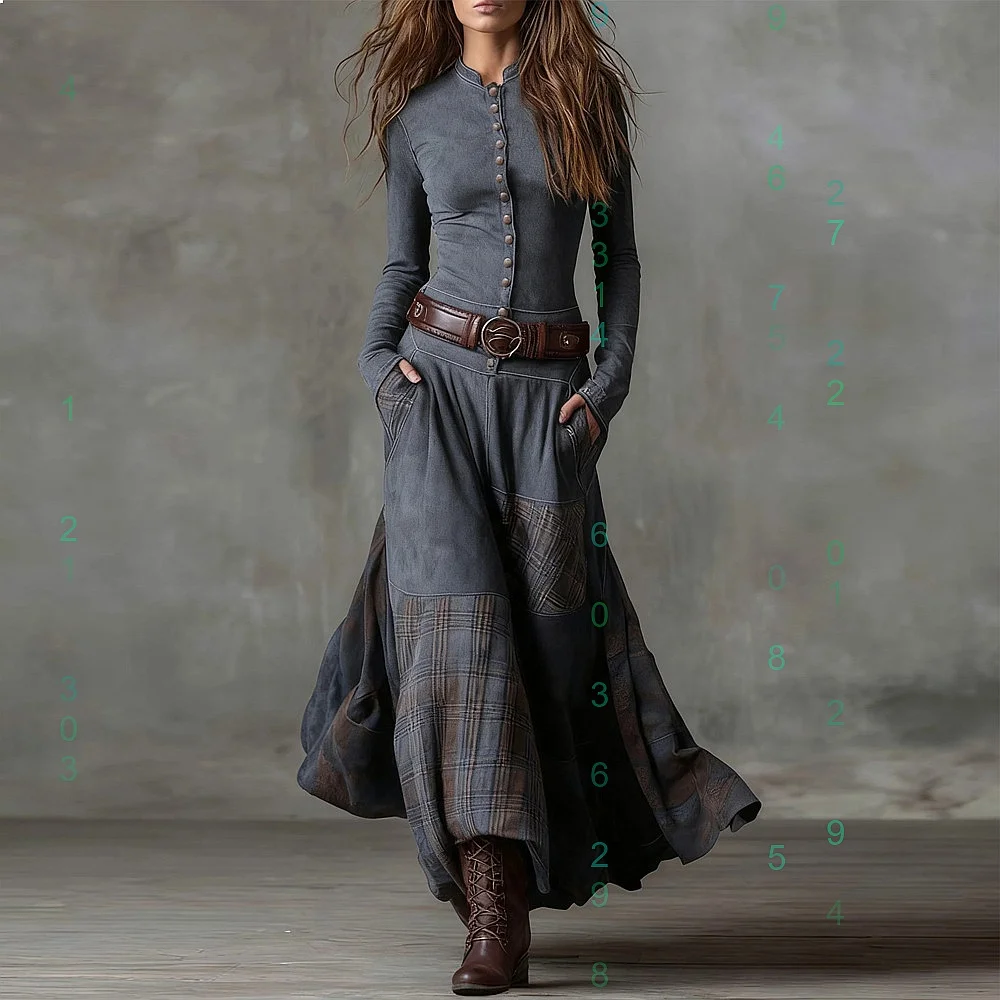 

Retro Patchwork High Waist Elastic Long Sleeve Maxi Dress A-Line Swing Dress Spring Summer