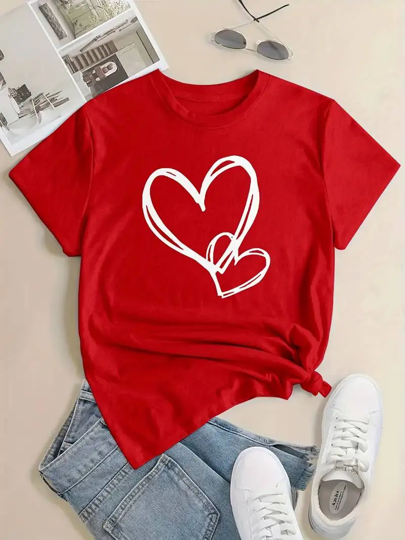 

Plus - Size Red Round Neck T - Shirt with Heart - shaped Print: Romantic - simple and Sweet
