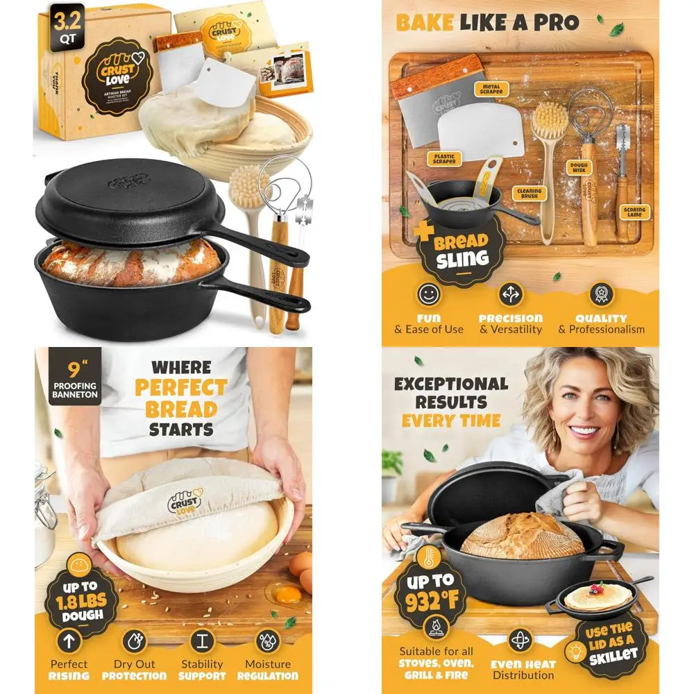 

Sourdough Bread Baking Supplies: Cast Iron Dutch Oven and Banneton Bread-Proofing Basket, 3.2 Quart Capacity