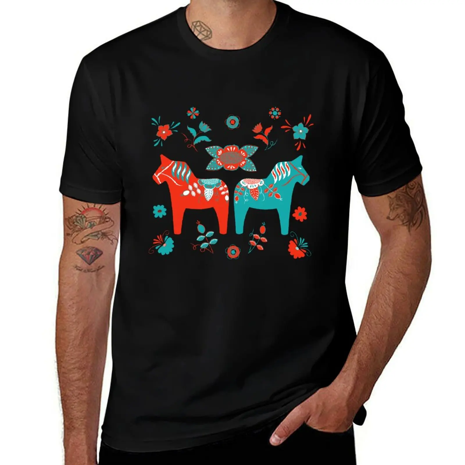 

Folk Art - Swedish Dala Horses - Red Turquiose T-Shirt graphic t shirt vintage Man t-shirt fitted t shirts for men
