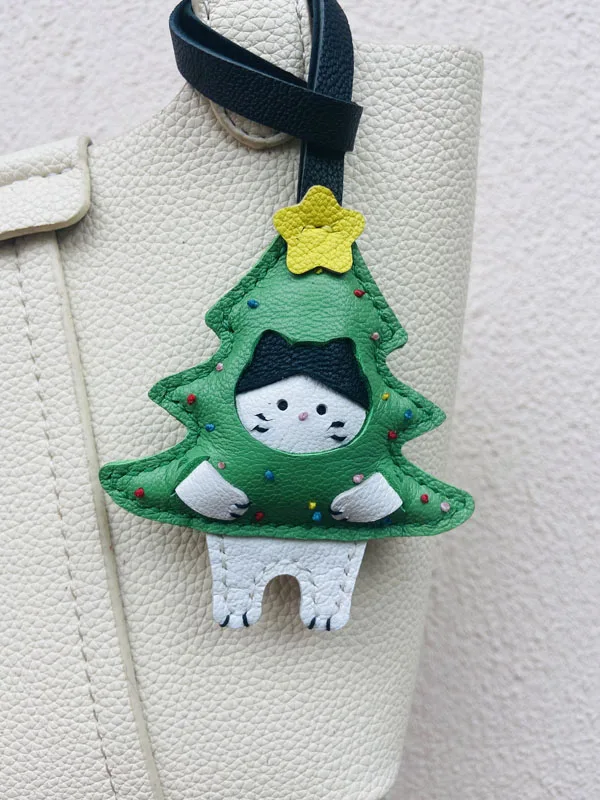 

Кожаный рождественский брелок с котом, подвеска для мобильного телефона, сумка, Рождественский брелок с котом из козьей кожи