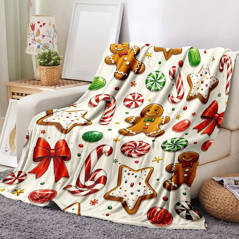 1PC Gingerbread Man and Candy Cane Printed Blanket-Made of soft, fluffy flannel, perfect for the couch or bed. Holiday options f