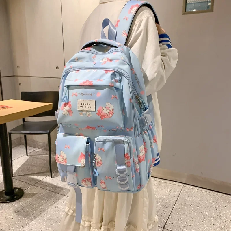 Sanrio Melody Kawaii Polyester Canvas Fashion Printing Backpack Junior High School Bags Light Primary Leisure Large Capacity