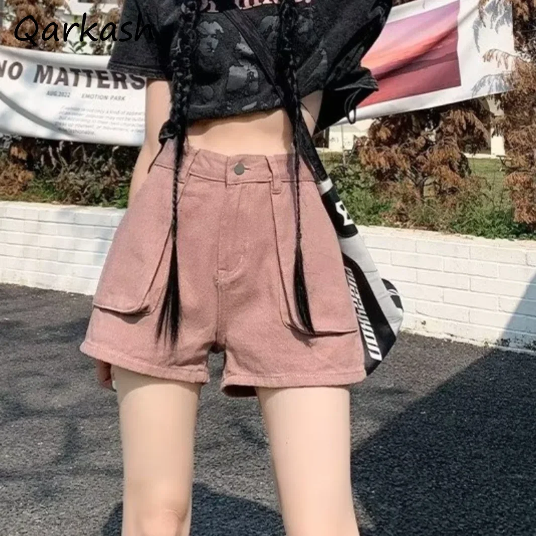 

Denim Shorts Women Pink Lovely Ulzzang Prevalent A-line Hipster Hot Girl Pockets Slender Wide Legs Trousers Summer New Workwear