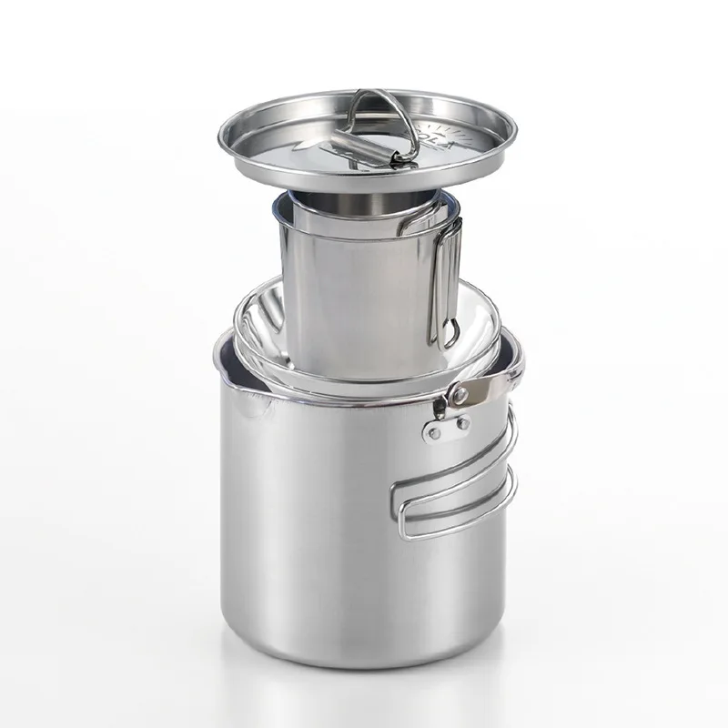 Outdoor foldable portable stainless steel kettle five-piece set picnic cookware camping hanging pot cup bowl