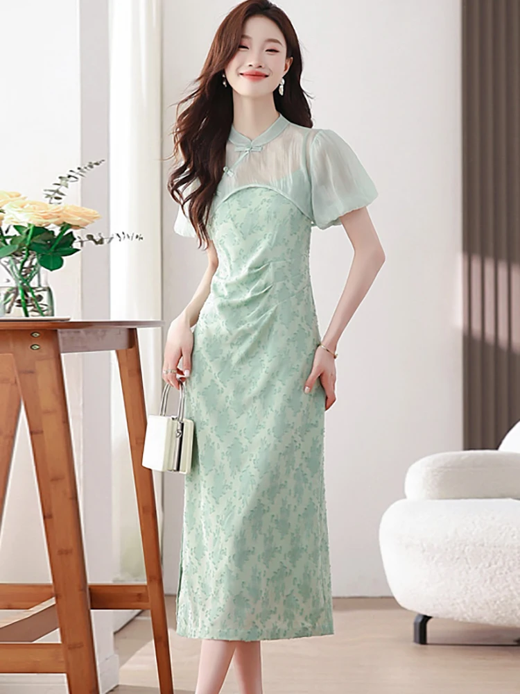 2025 جديد الأخضر طباعة مطوي فستان بكتافة + شبكة قميص حريمي قطعتين مجموعات المرأة الصيف الكورية أنيقة فستان مناسبات غير رسمية مجموعات