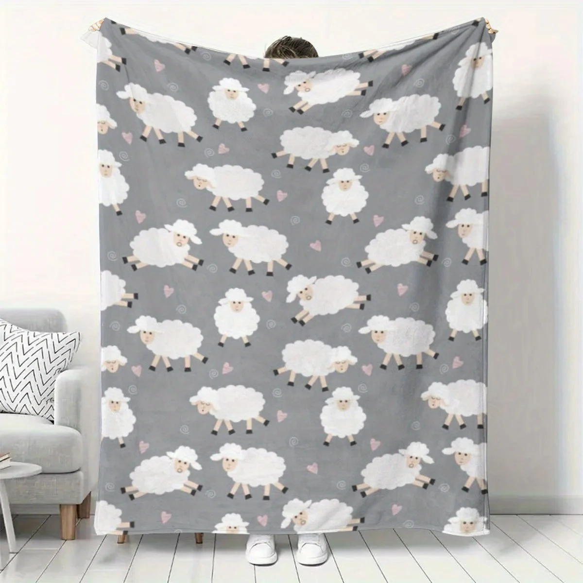 1pc Cozy Flannel Fleece Throw Blanket with Cute Sheep & Rainbow Checkered Design - Soft, Lightweight, All-Season Comfort for Sofa, Bed, Camping, Travel - Ideal Gift, Travel Accessory|Playful Home Decor|Soft Texture Fabri