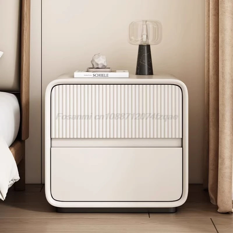 Full Solid Wood Cream Style Nightstand Lacquer Finish Bedside Table Modern Minimalist Luxury Storage Cabinet Small Bedroom Unit
