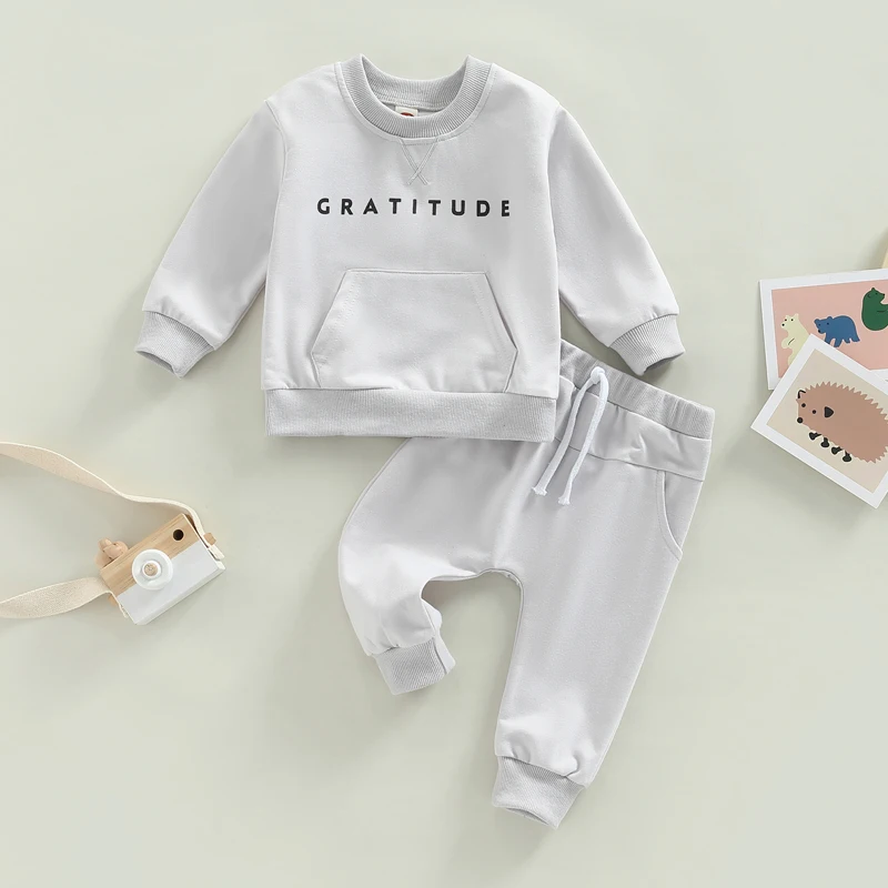 2022-10-19 Lioraitiin Baby Girls Boys 2Pcs Fall Outfit Letter Print Round Neck Long Sleeve Sweatshirts Tops Elastic Waist Pant