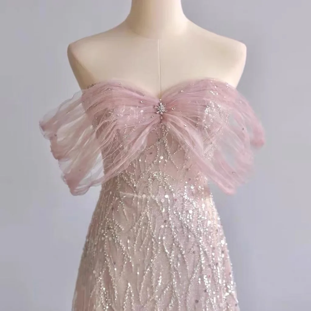 Robe de Demoiselle d\'Honneur Rose Clair, Ligne A, Perles, Paillettes, Tulle Élégant, Style Français, Robe de Soirée Formelle