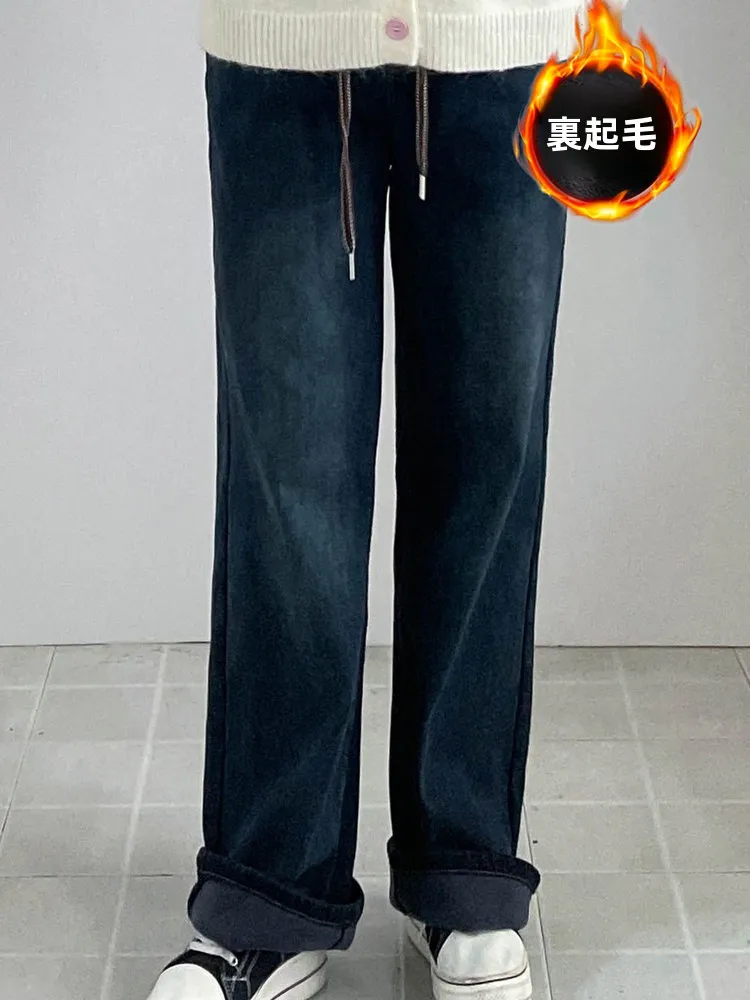 

Прямые джинсы больших размеров с подкладкой Fce, удлиненные для более высокой груши, Thiened, осень-зима, широкие брюки, толстые мм300 Pou