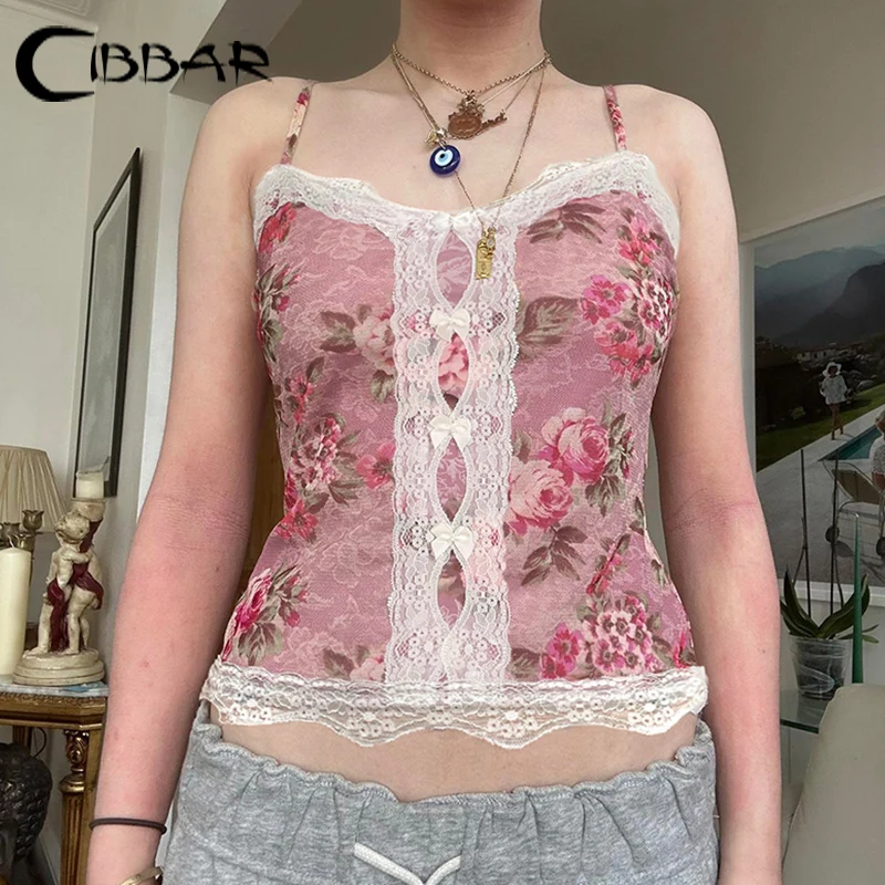 

CIBBAR y2k Floral Cropped Top Vintage Lace Stitching Sleeveless Skinny Strap Tops Women Retro Camisole Streetwear Tees Aesthetic
