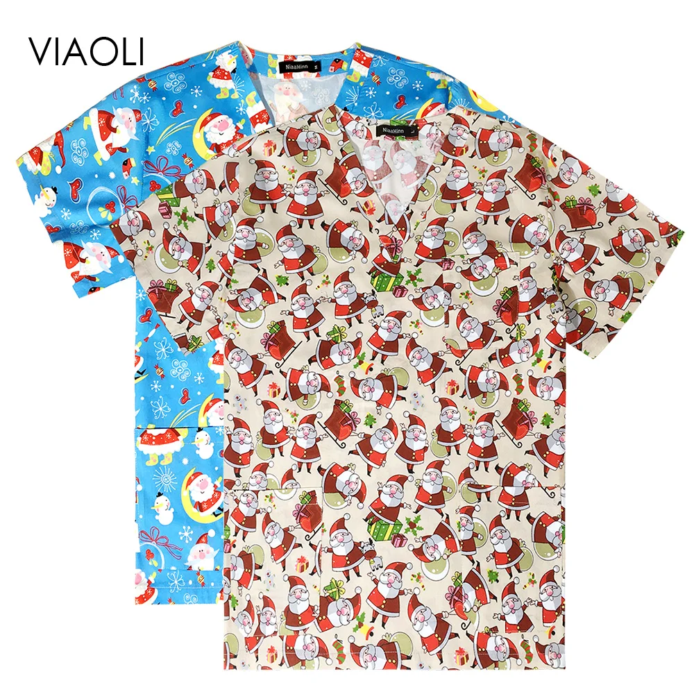 

Unisex Scrubs Tops Christmas Print Lab Workwear Spa Uniforms Pet Grooming Scrubs Women Uniform Beauty Uniforms Wholesale Prices