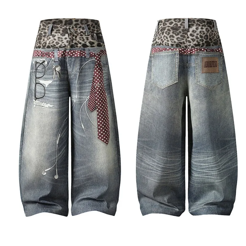 Edgy Men's Leopard Waistband Jeans Polka Dot Scarf Detail Wide Leg Baggy Fit Streetwear Casual Premium Denim Pants