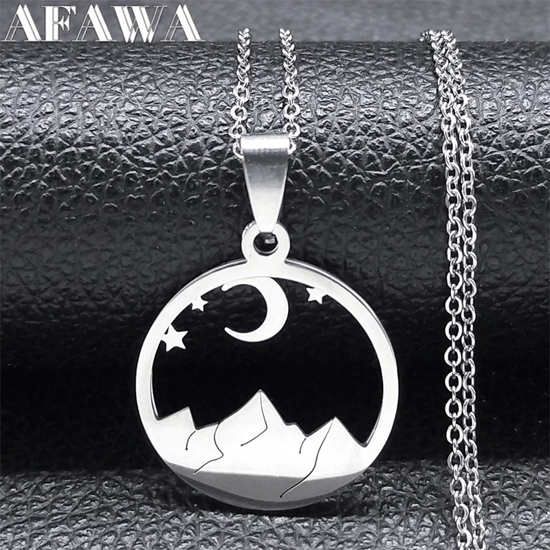 Moon Star Desert Scenery Necklace for Women Men Stainless Steel Silver Color Mountain Necklaces Jewelry collier femme N7242S02