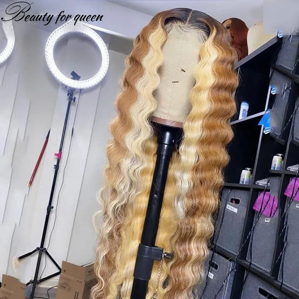 Wig Rambut Asli Manusia Model Lace Front Keriting Highlight Cokelat 13x4, 100% Rambut Asli, Sangat Cocok Untuk Menghadiri Pesta