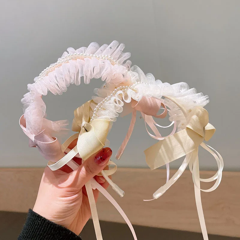 

NEW Children's Lace Pearl Western Style Bow Hair Hoop Sweet Children's Princess Wind Hoop Little Fairy Accessories
