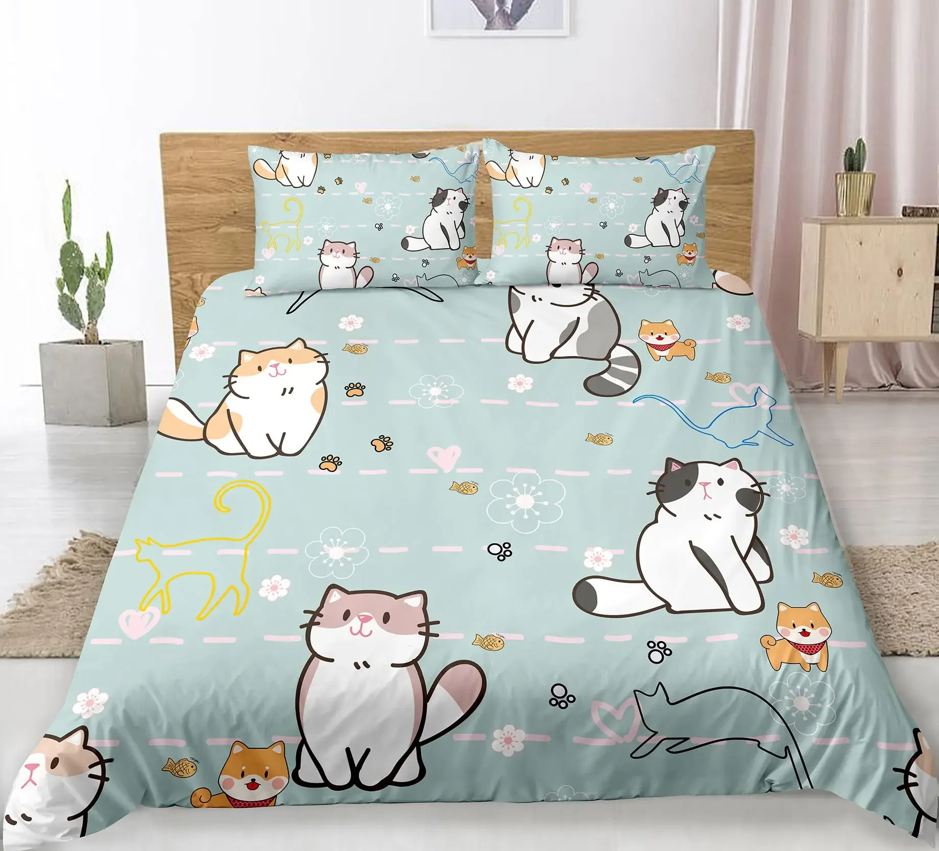 Orange Cat Duvet Cover Set King Queen Size Cute Animals Pattern Polyester Comforter Cover Quilt Cover for Kids Teens Bedding Set