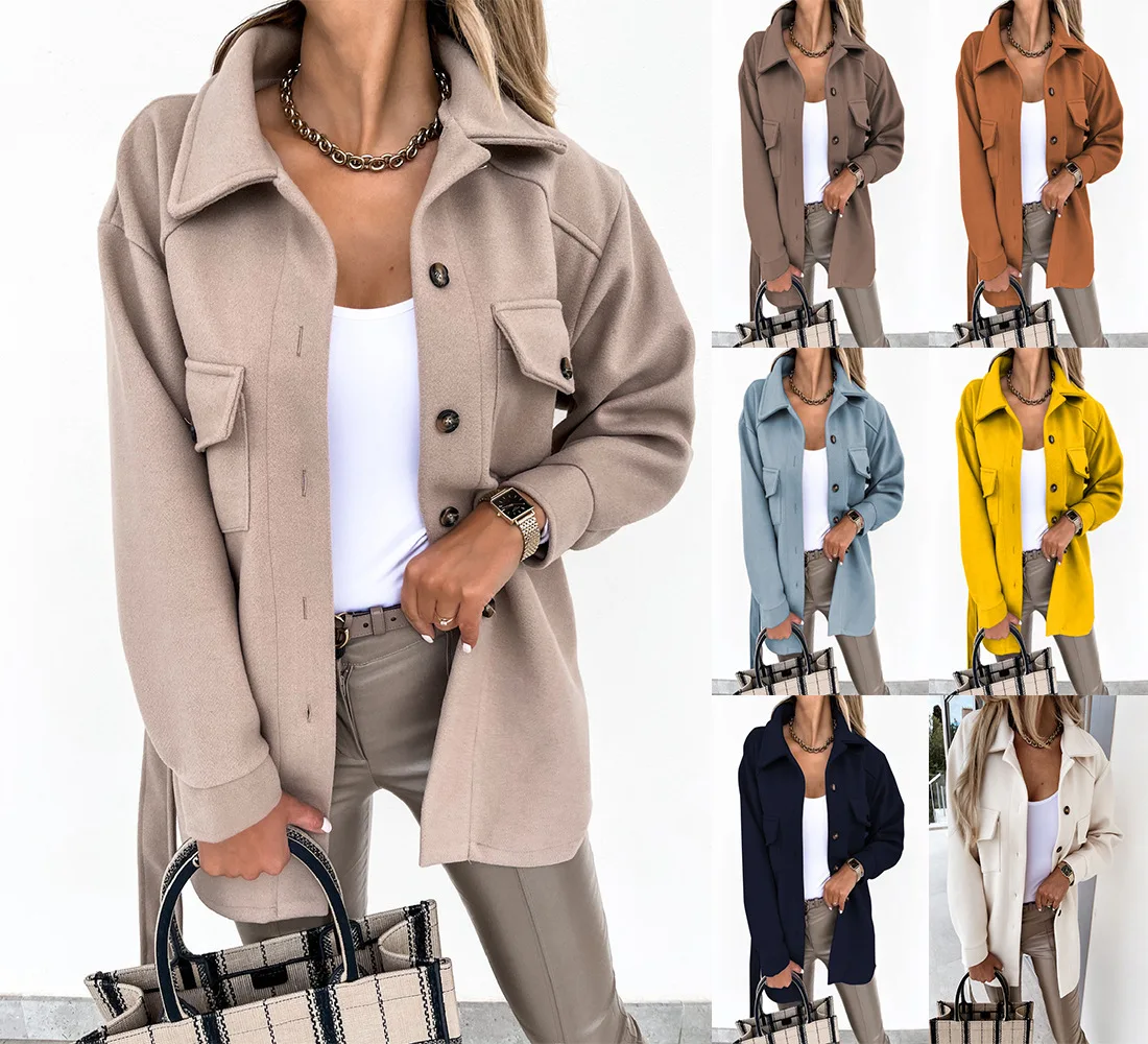 

2025 Autumn and Winter Lapel Single-breasted Thickened Solid Color Shirt Woolen Loose Coat Women