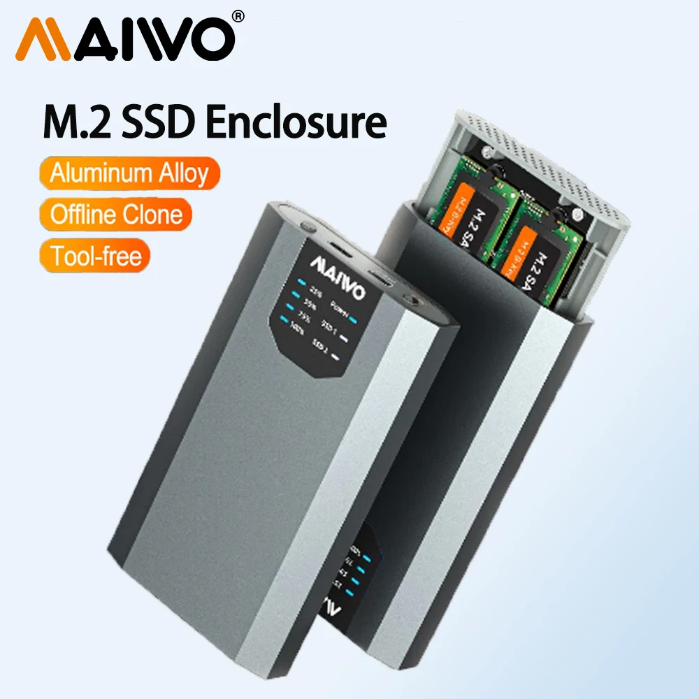 

MAIWO M.2 SATA SSD Enclosure Solid-state Mobile Hard Drive Box M.2 NGFF Protocol Dual-bay with Offline Clone for SSDs 2242 60 80