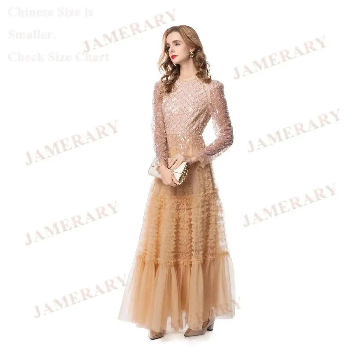 Verão outono manga longa lantejoulas luxo formal vestidos de noite feminino babados festa de aniversário bolo maxi vestido de baile marca