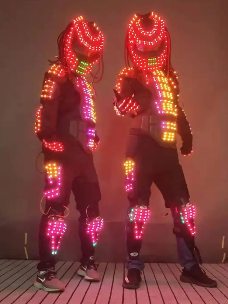 LED Robot Costume Luminous Rave Outfits for Women Men Armor Robot Dance Cosplay Nightclub Bar Show Glowing Suit Party