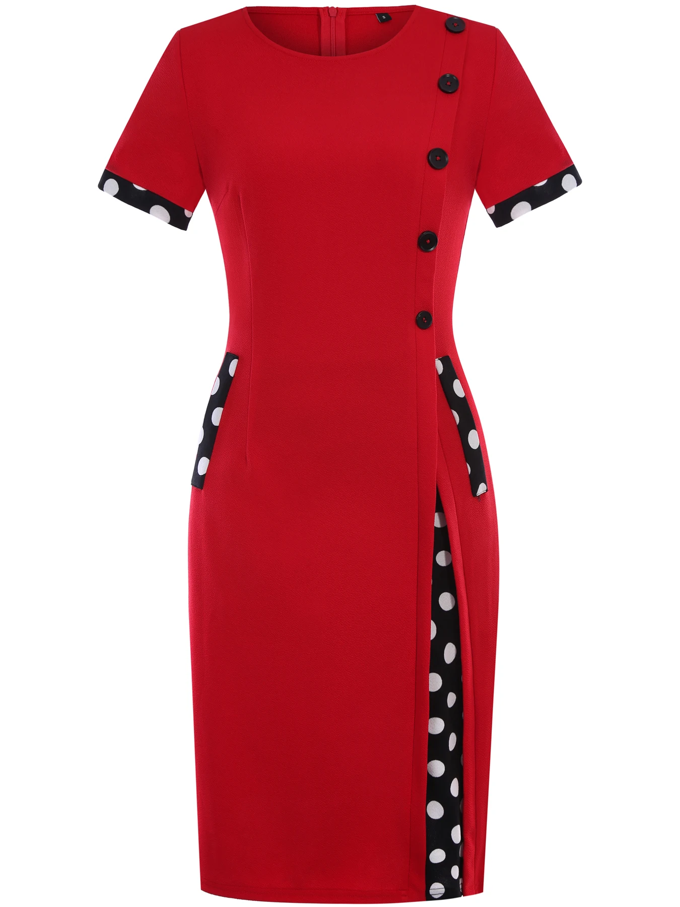 Womens Elegant Short Sleeve Button Work Knee Length Colorblock Business Casual Party Pencil Bodycon Sheath Polka Dot Retro Dress