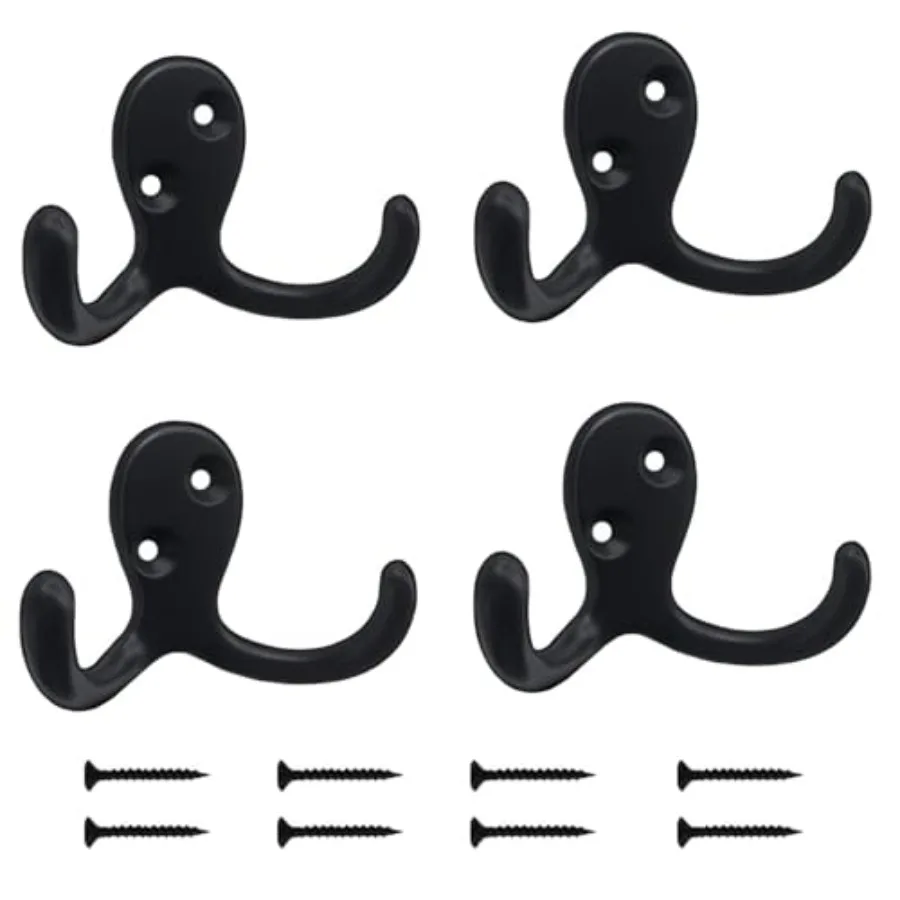 

4 Pack Wall Hooks Wall Mounted s for Hanging Heavy Duty, Black Towel Hooks, Metal Double Coat Hanger with Screws Cup Retro for