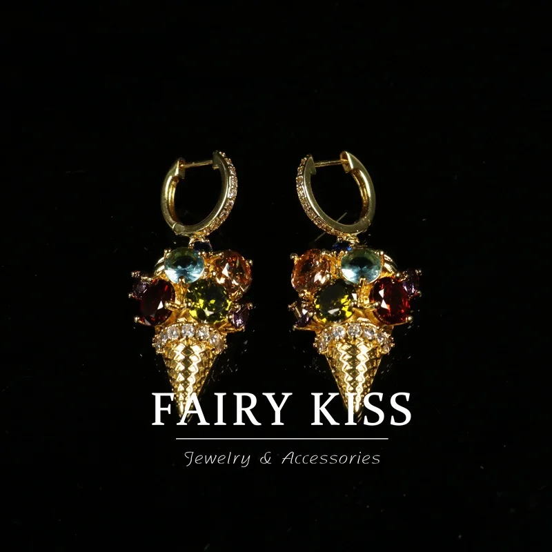 Medieval fashion earrings colored diamonds metal  versatile  style ice cream design earrings