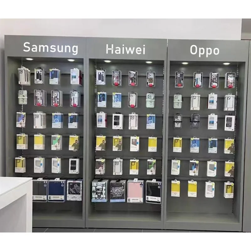 custom，Modern  Mobile Phone Accessories Cabinet Shelf  Phone Repair Shop Furniture Cell Phone Shop Wall Showcase with Logo