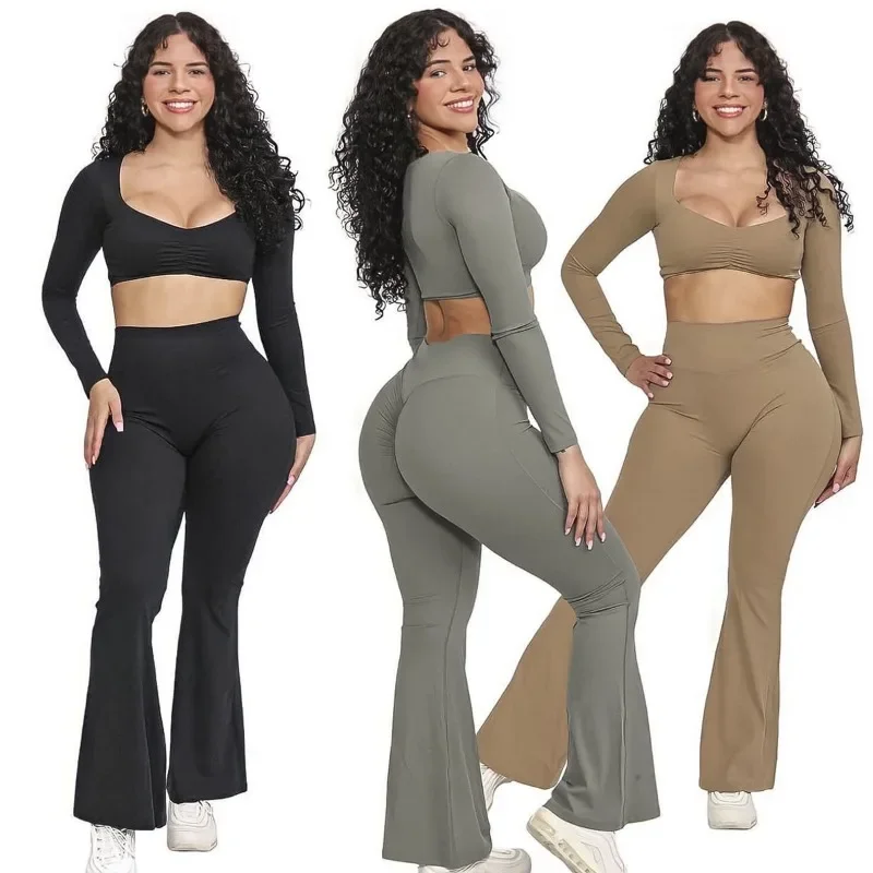 Seamless Yoga sets Casual Outdoor Fitness Sports Yoga Pant Bell-bottoms High Waist Hip Lift Training Clothes Yoga Trousers Women