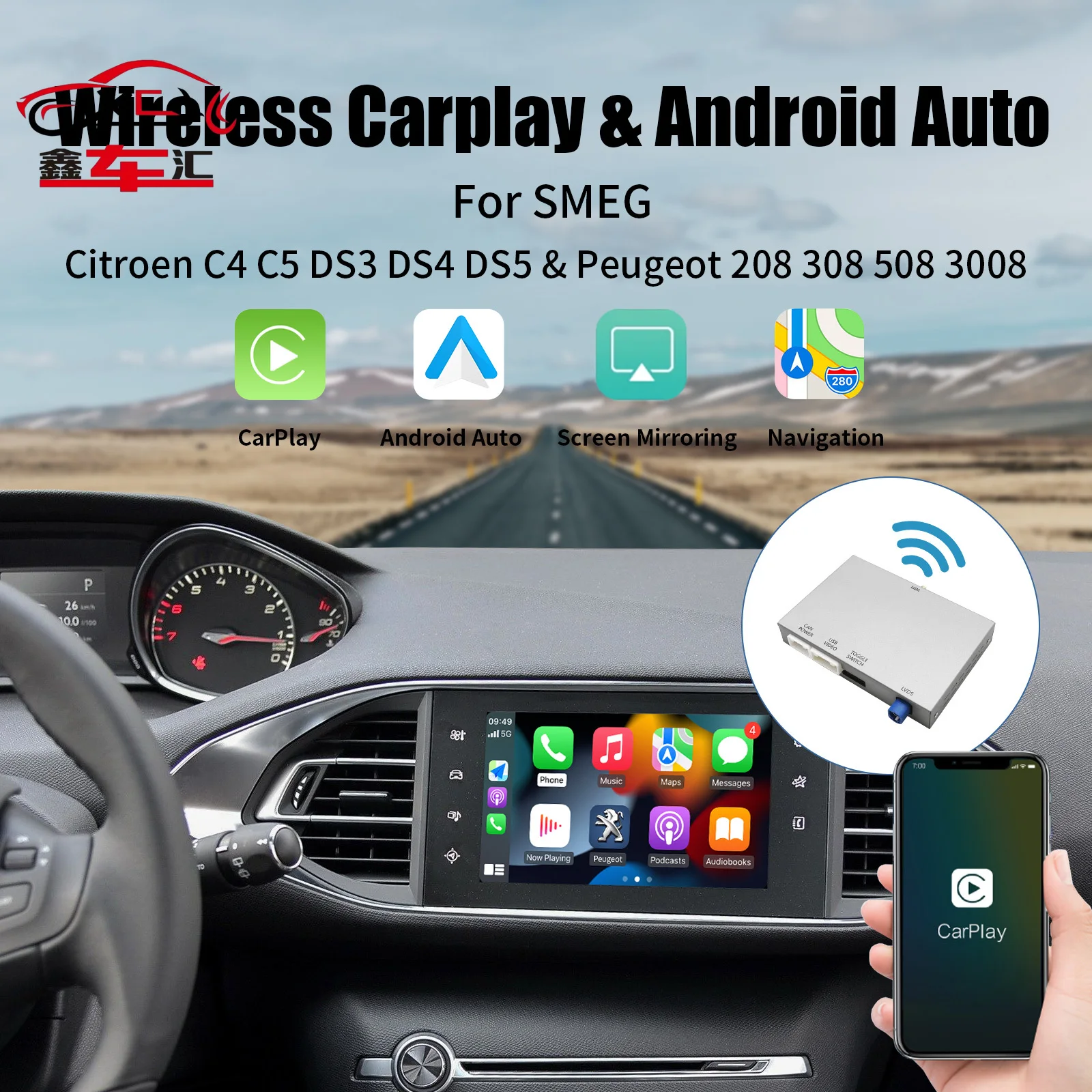 Carplay y Android Auto Inalámbricos para Peugeot 208 308 508 3008 Citroën C4 DS3 DS4 DS5 Sistema SMEG Accesorios Multimedia