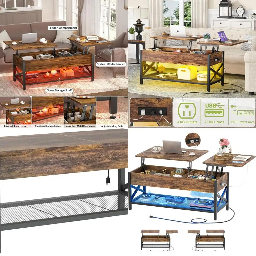 

Modern LED-lit Lift-Top Coffee Table with Power Outlet and Storage, Rustic Brown for Living Room