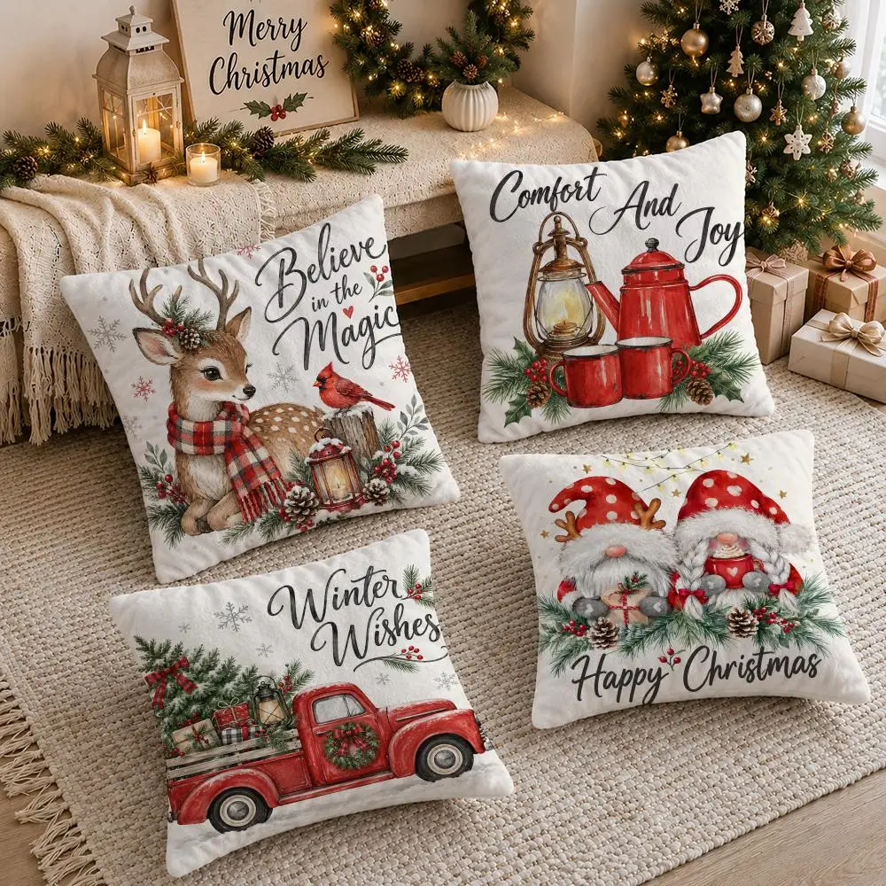 4PC Red Truck Farmhouse Christmas Cushion Cover Soft Plush Double-Sided Print Pillow Case Home Decor for Sofa Living Room Gift