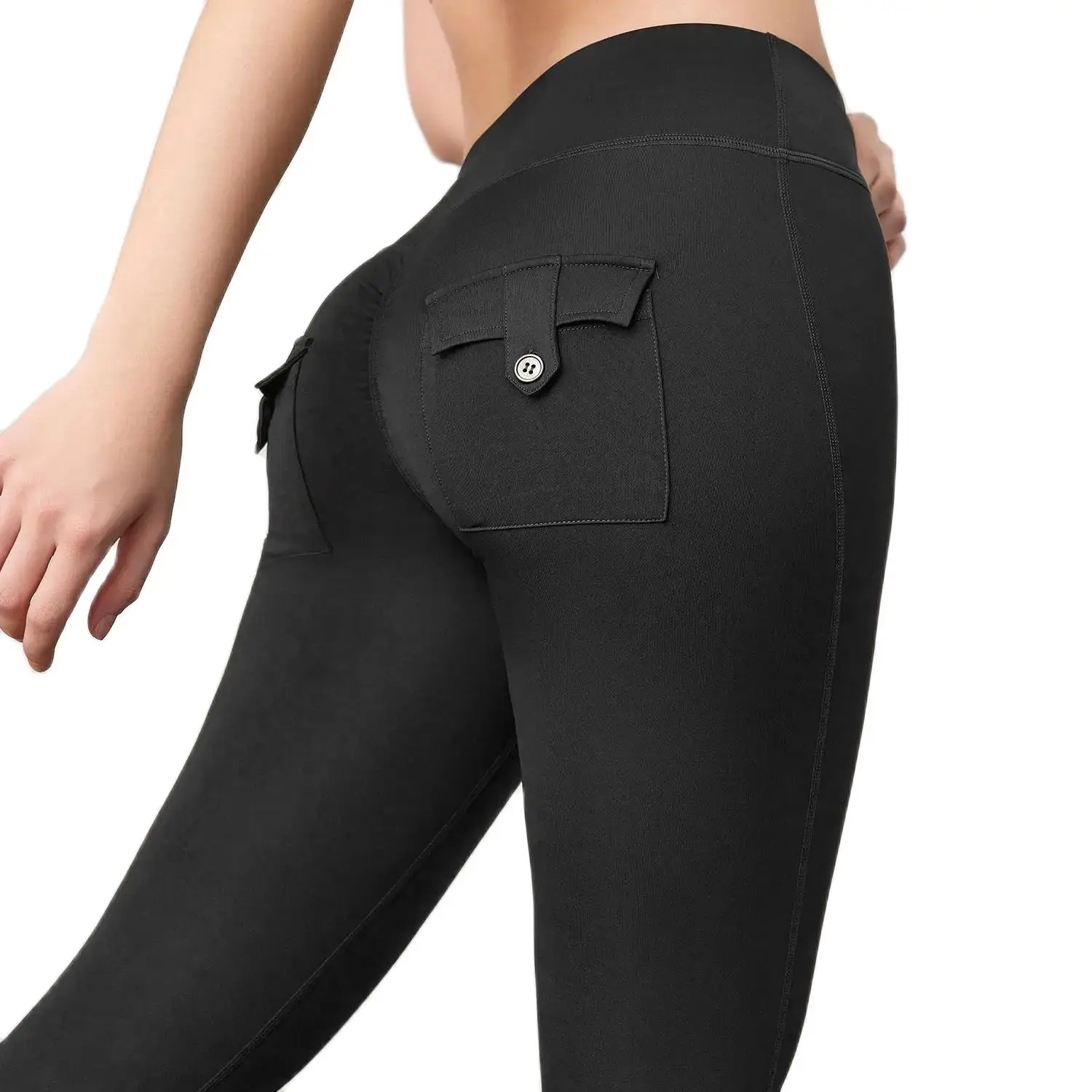 

CHRLEISURE Seamless Pockets Sports Leggings High Waist Butt Lifting Workout Yoga Pants Elastic Slim Ruched Tights Sportswear