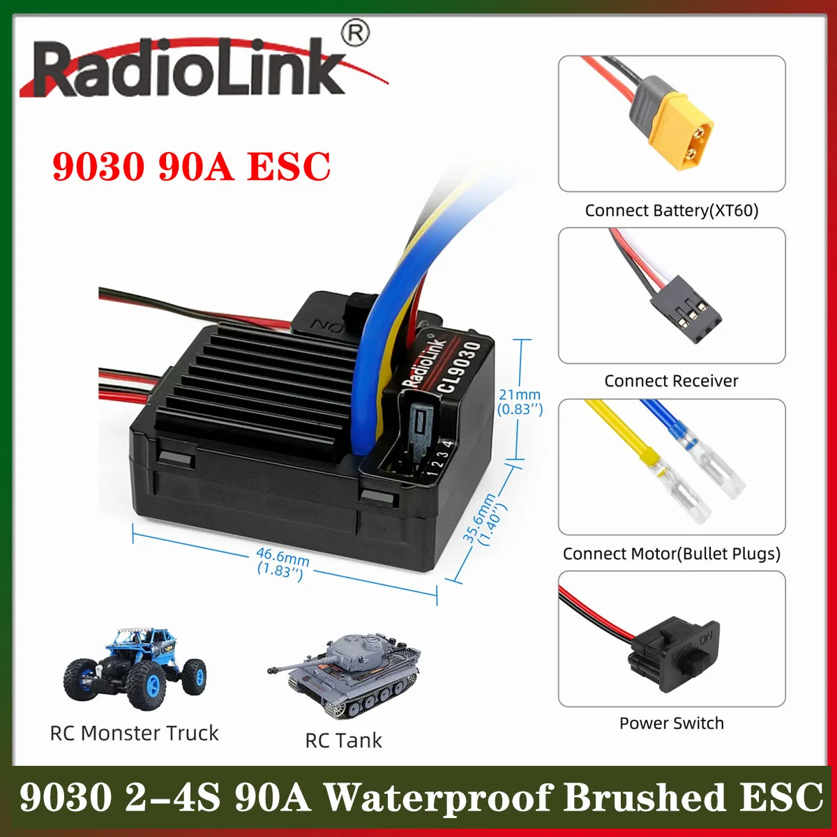 

Radiolink Cool 9030 2-4S 90A Водонепроницаемый матовый ESC Встроенный регулятор скорости BEC 5,5 В/7,5 В для 1/10 RC автомобилей Гусеничные детали грузовиков