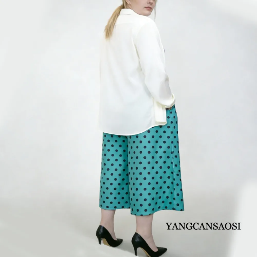 Casual 100% Natural Mulberry Silk Electric Spinning Trousers, Women's Double Pocket Design Elastic Waist Blue Polka Dot Pants