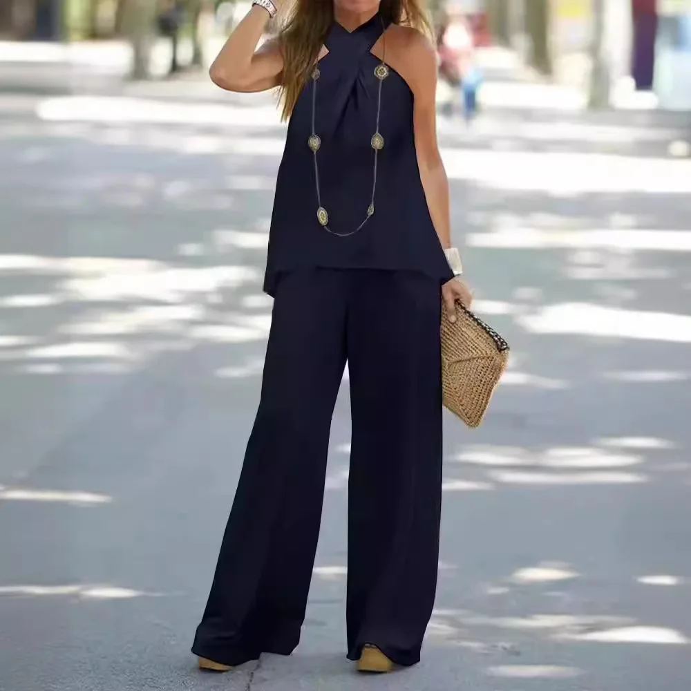 Sexy Halter Vest Tops Pants Women 2 Piece Sets Backless Lace-Up Blouses Wide Leg Pants Female Outfit Elegant Lady Streetwear
