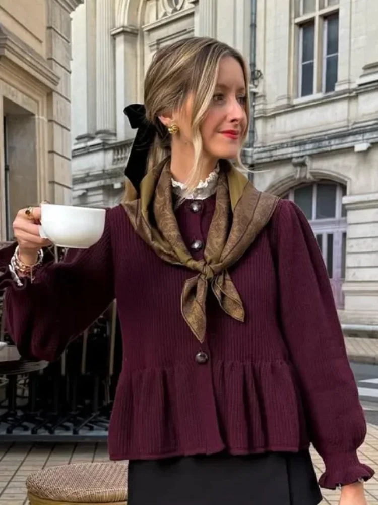 Burgundy Ruffle Patchwork Short Top Women Casual Single Breasted Flared Sleeve Pleated Loose Shirt 2026 Spring Autumn Blouse