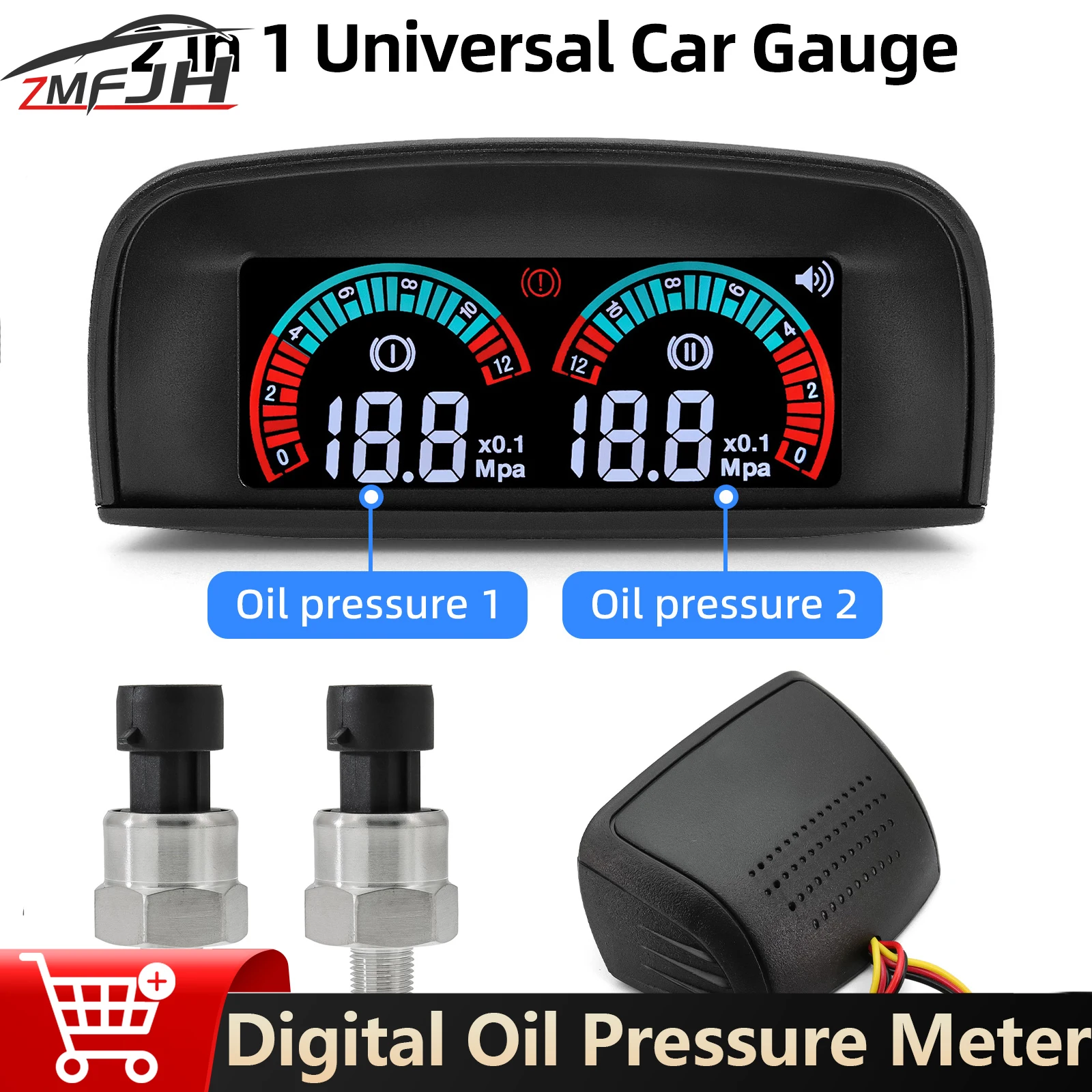 

Universal Horizontal Oil Pressure Meter Dual Oil Press LCD Display With 1/8NPT Sensor Buzzing Flash Alarm For Car Truck 12V 24V