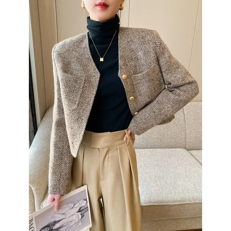 

Coffee-colored small fragrant tweed French short top for women's spring new foreign-style high-end coat for women