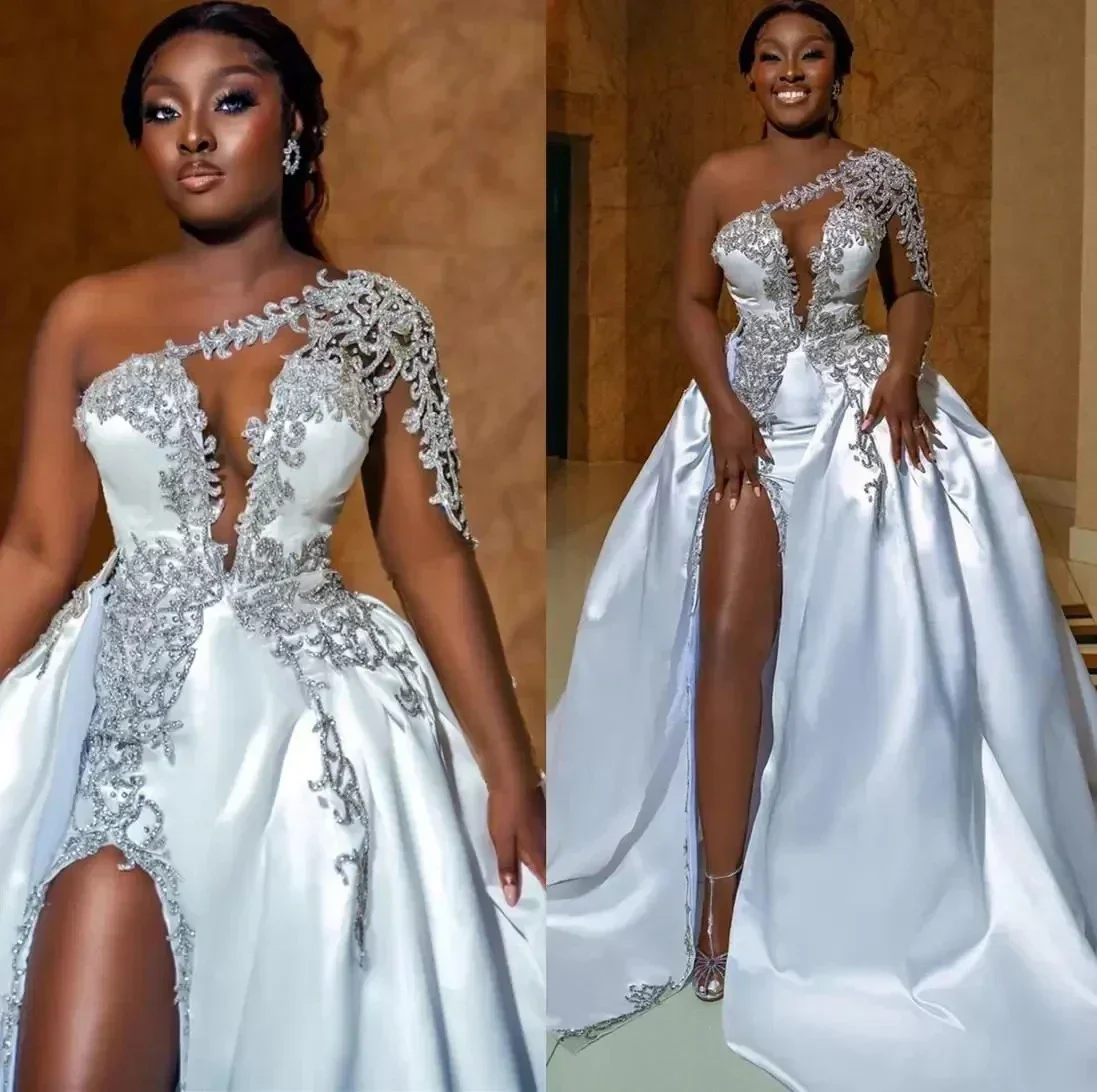 Customized Plus Size Arabic Luxurious Beaded Crystals Wedding Dress Detachable Train Lace Mermaid Satin Bridal Gown