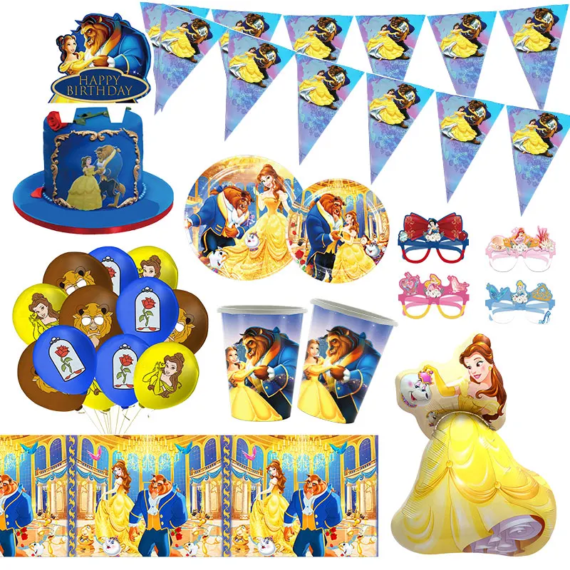 Disney Beauty And The Beast Birthday Decorations Belle Princess Birthday Party Supplies Balloon Backdrop Banner Tableware Kit